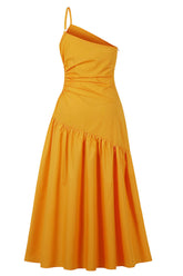 Gelbes One-Shoulder-Cut-Out-Abendkleid in Teelänge